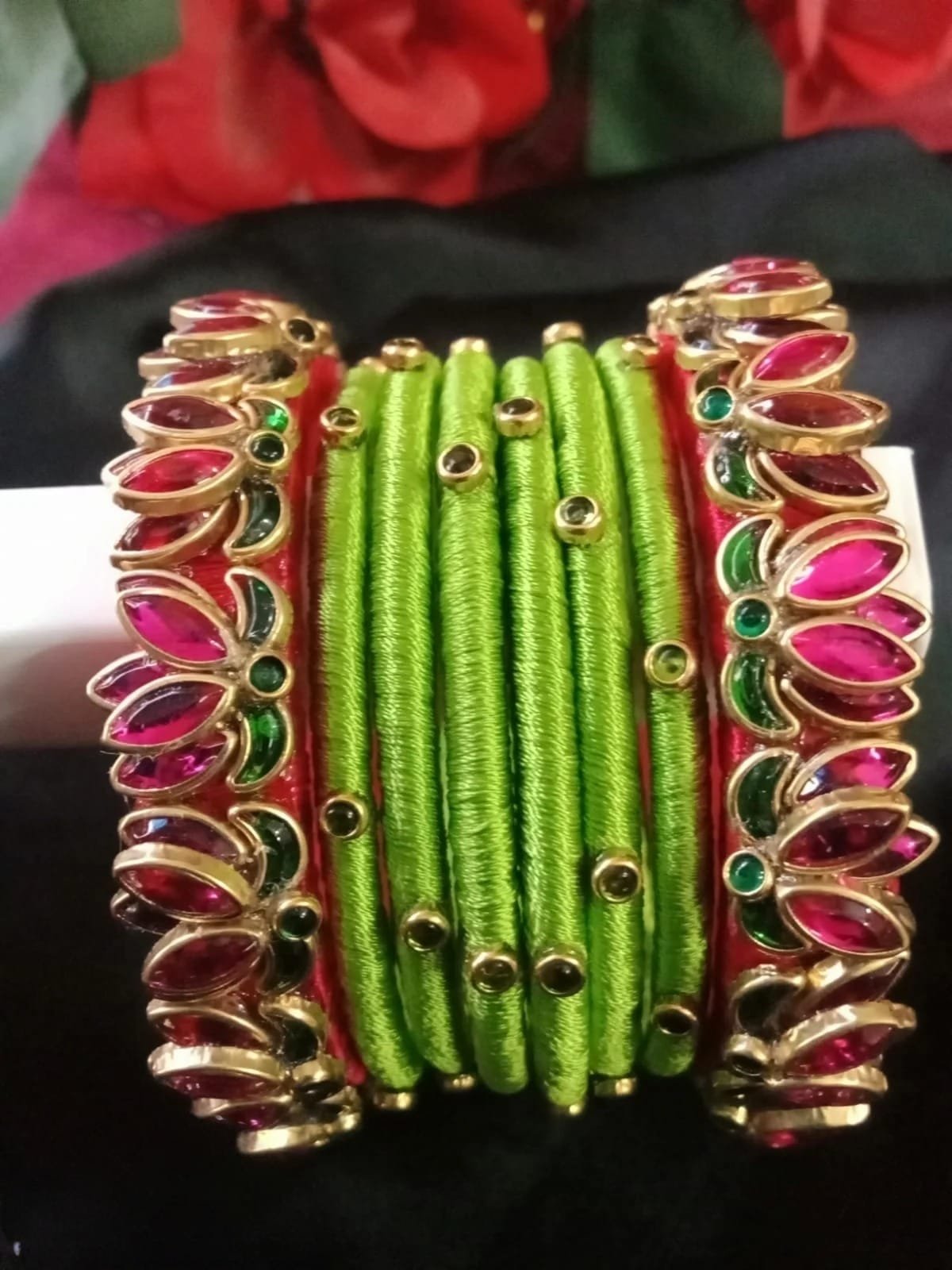 Lotus & Kundan Style Silk Green Thread Bangles For Women