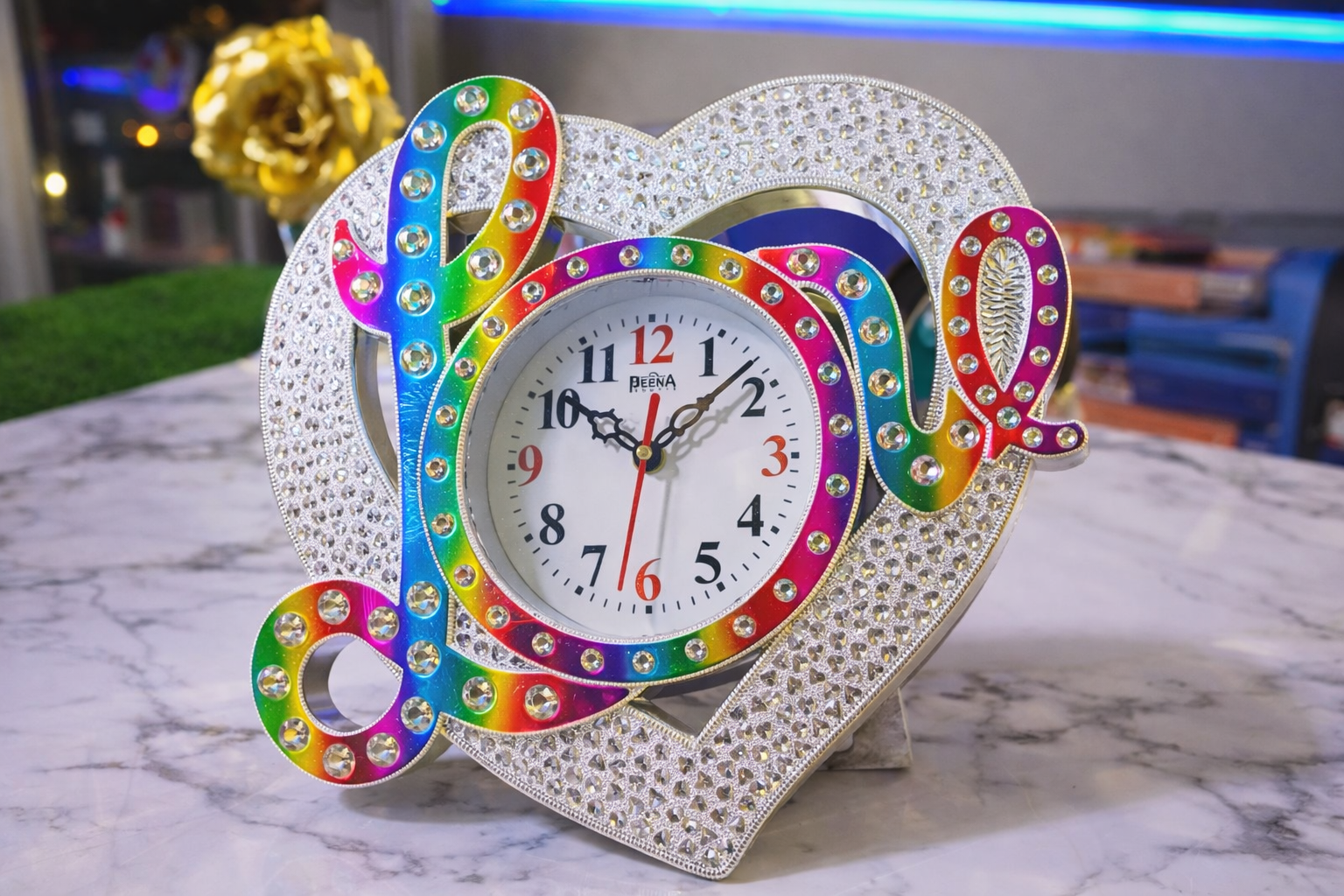 Rhinestone Rainbow Heart Designer Wall Clock